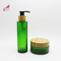 green glass jar with bamboo lid cosmetic packaging container set glass pump bottle bamboo cap BJ-216B